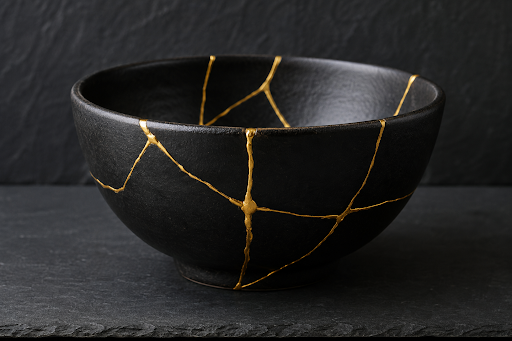 A dark repaired bowl with gold kintsugi lines